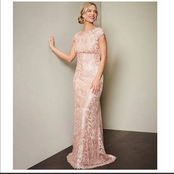 NWT Tadashi Shoji Sequin Floral Lace Off-the-Shoulder Cap Sleeve A-Line Gown - Picture 3 of 16